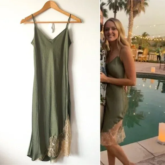 Aritzia Wilfred Sonnet Satin Slip Lace Dress Sage Green Size XS - Picture 1 of 8